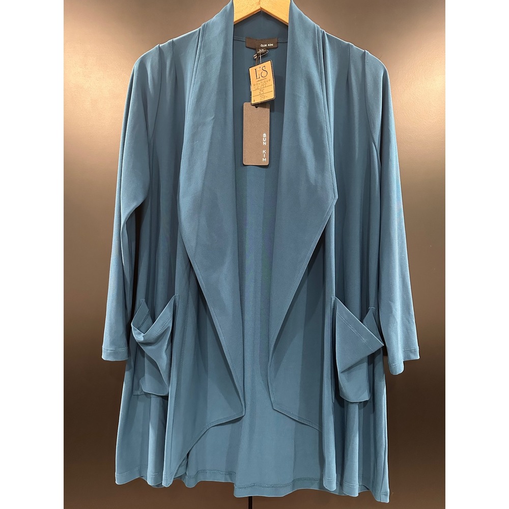 Sun Kim SK137 Open Front Draped Cardigan Teal Blue XS New With Tags